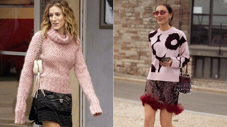 (L) Carrie Bradshaw in "Sex and the City" (R) A woman wears the pink sweater and mini skirt combo.