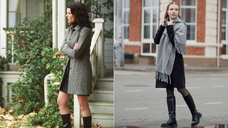 (L) Lorelai Gilmore in "Gilmore Girls" (R) A woman wears a black dress with a gray scarf.