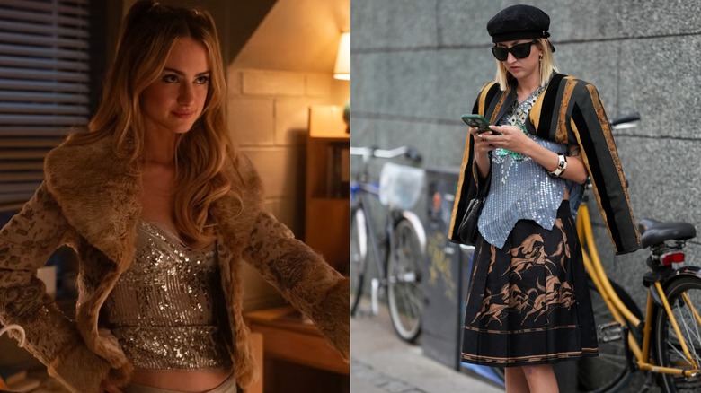 (L) Lucy Albright in "Tell Me Lies" (R) A woman wears a sequin top under a jacket.