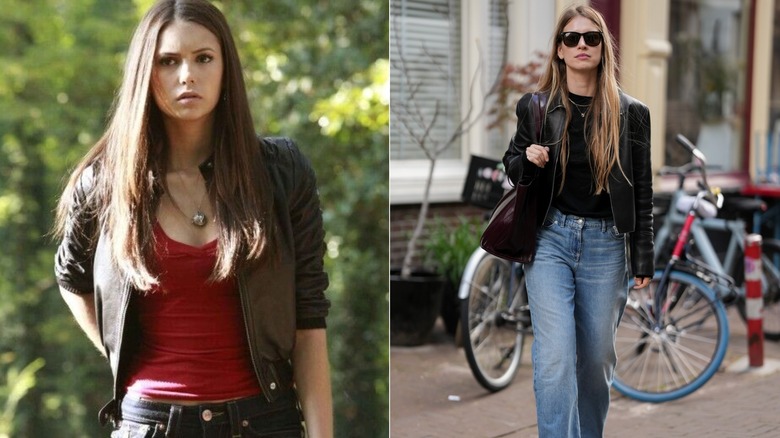 (L) Elena Gilbert in "The Vampire Diaries" (R) A woman wearing a black leather jacket and jeans.