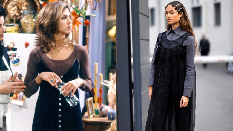 (L) Rachel Green in "Friends" (R) A woman uses a button-up top under a summer dress.