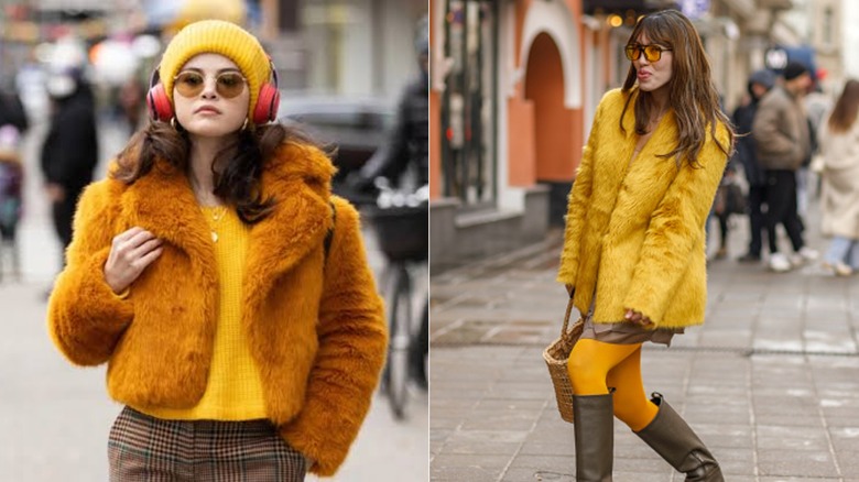 (L) Mabel Mora in "Only Murders in the Building" (R) A woman wearing a yellow fur coat and boots.