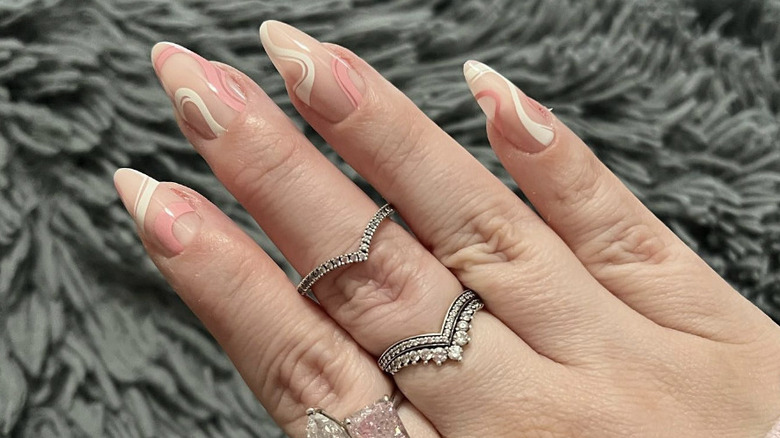 iced coffee nails with pink swirls