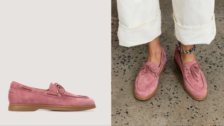 Two angles of the Bared Footwear Tringa clay pink suede flat boat shoes