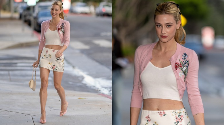 Lili Reinhart rocking a  cropped cardigans and miniskirt set on a pap walk