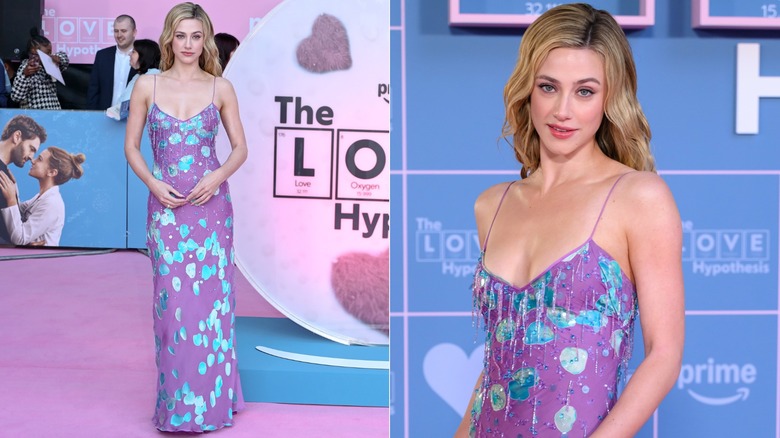 Lili Reinhart wears a purple and blue spaghetti-strap maxi dress by Emanuel Ungaro