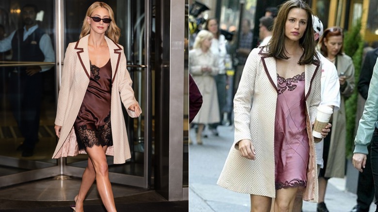 Side by side of Lili Reinhart and Jennifer Garner wearing a silky lace dress and a polka-dot jacket