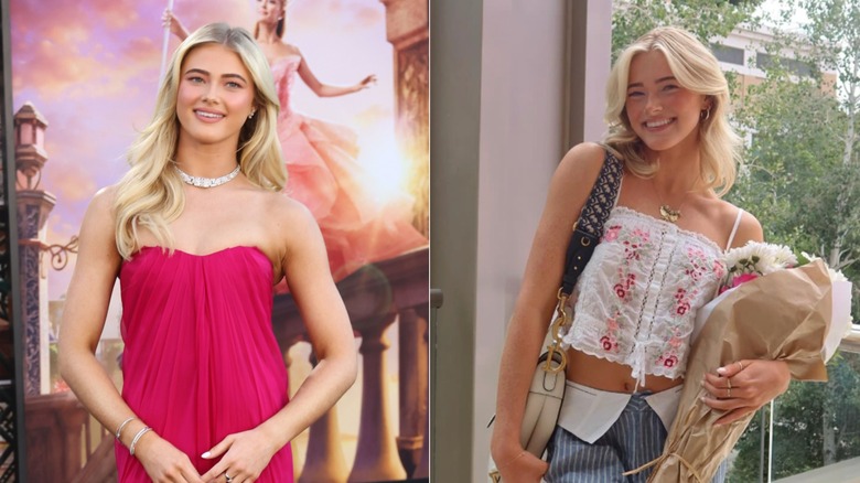 Rylee Arnold smiles on the red carpet at a movie premiere while wearing a pink strapless dress