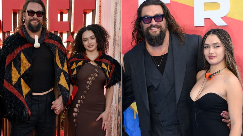 Lola Momoa posing with father Jason Momoa in Hawaiian-inspired outfits in 2025 on the left and both on the red carpet in 2026 on the right.