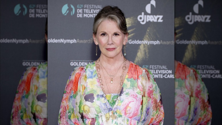 Melissa Gilbert poses wearing a multicolored dress