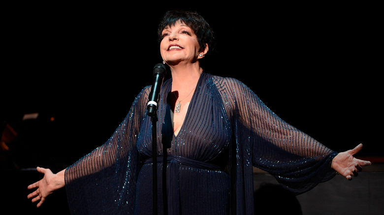 Liza Minnelli performing on stage with her arms spread wide, wearing a sparkly outfit.