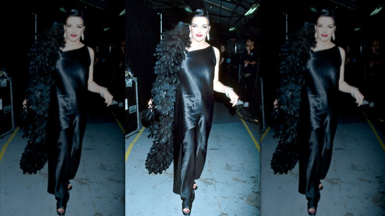 Liza Minnelli posing in a black dress with a black boa and slicked-back hair.