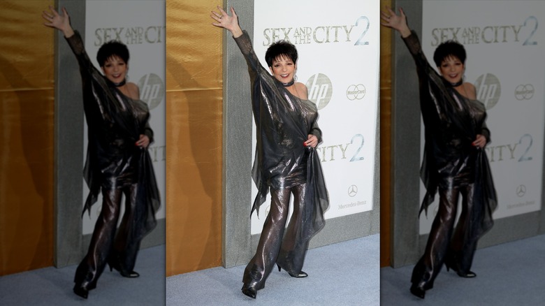 Liza Minnelli posing at a red carpet event wearing a metallic outfit and her arm in the air.