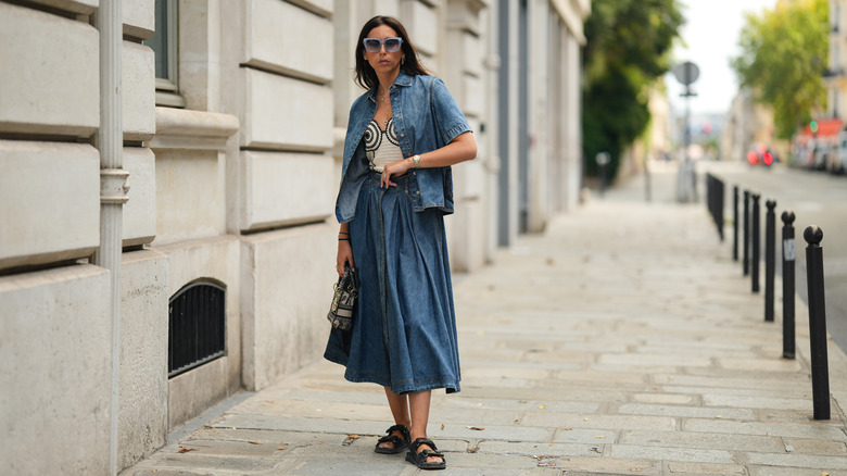 Woman with denim circle skirt