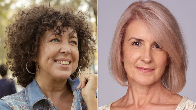 Two women with softly-layered lob hairstyles