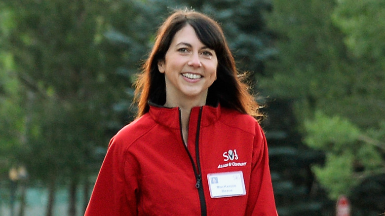 MacKenzie Scott wearing a red jacket and jeans