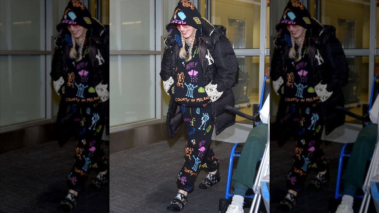 Madonna in 2019 in a colorful patterned sweatsuit