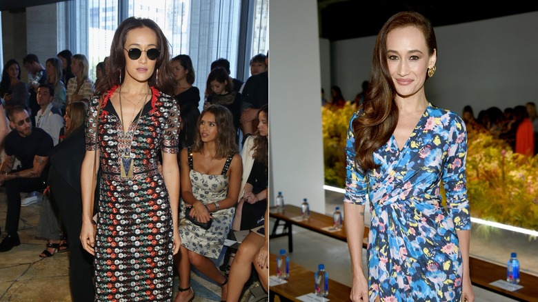 Maggie Q in print dresses at fashion events
