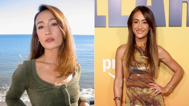 Maggie Q wearing a cardigan and gold dress