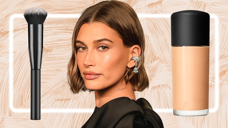 Hailey Bieber, foundation, and makeup brush