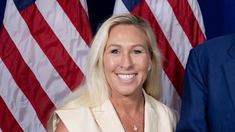 Marjorie Taylor Greene in a white dress