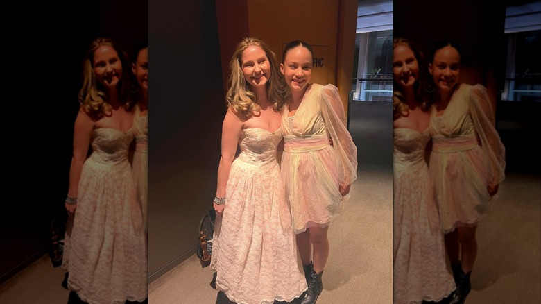 Side-by-side photos of Skywalker Hughes wearing a gauzy flowy dress with black boots at the ACTRA awards
