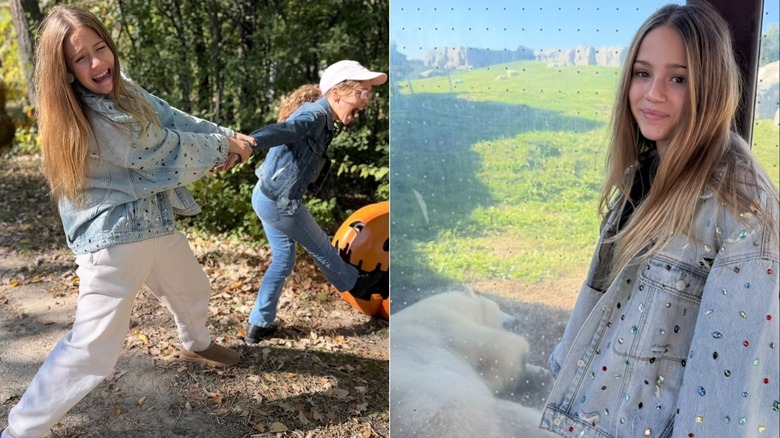 Side-by-side photos of Skywalker Hughes showing off her bejeweled jean jacket