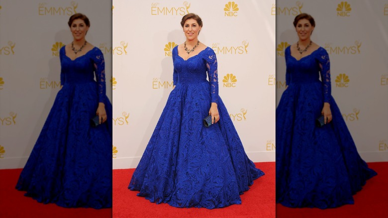 Mayim Bialik in a blue lace dress at the Emmys