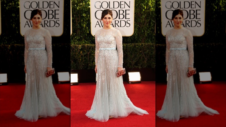 Mayim Bialik smiles wearing a silver sheer embellished dress on the red carpet.