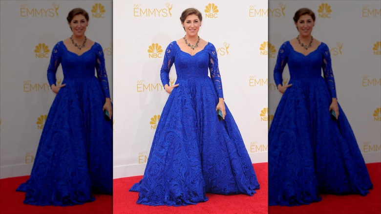 Mayim Bialik poses on the red carpet wearing a long-sleeve cobalt-blue ballgown.