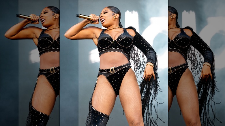 Megan Thee Stallion wearing an unflattering black outfit at a music festival in Austin, Texas