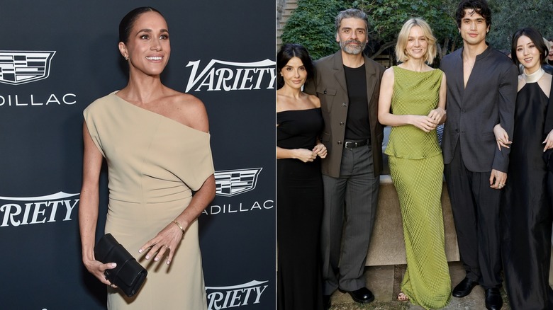 Meghan Markle smiles for photos at a formal red carpet event