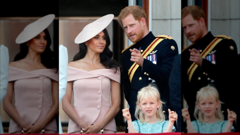 Meghan Markle pictured with Prince Harry wearing a nude hat and blush pink off the shoulder top