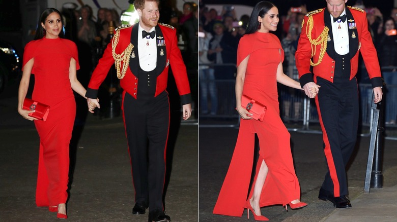 Meghan Markle wearing a bright red dress with Prince Harry at Royal Albert Hall