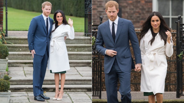 Meghan Markle wearing a white wrap coat during her engagement photocall