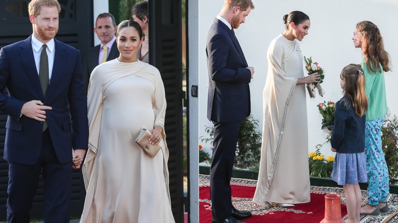 Meghan Markle wearing a champagne-toned gown