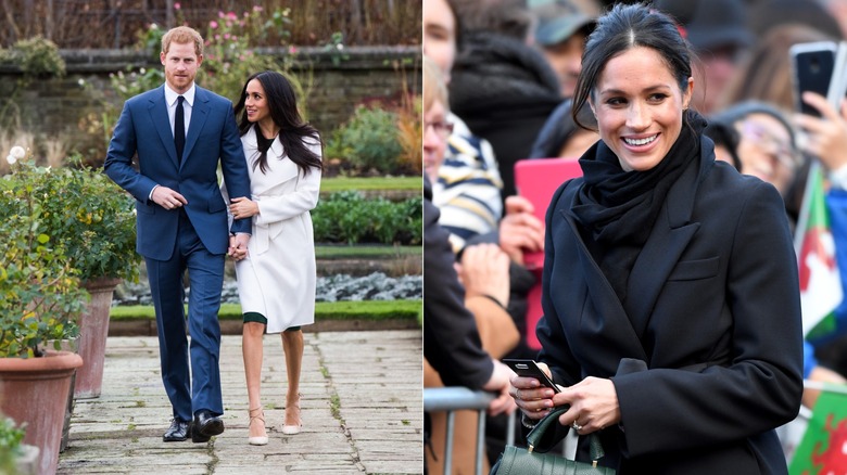 Meghan Markle walking with Prince Harry at Kensington Palace, and wearing all black