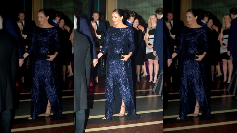 Meghan Markle wearing a maxi navy sequin gown