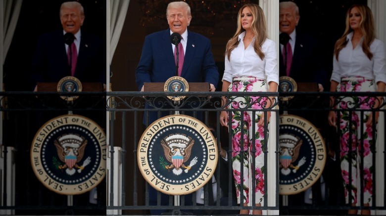 Donald and Melania Trump look over the crowd before the congressional picnic