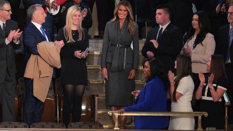First Lady Melania Trump arrives to U.S. President Donald Trump's address to a joint session of Congress at the U.S. Capitol on March 4, 2025 in Washington, DC (2025)
