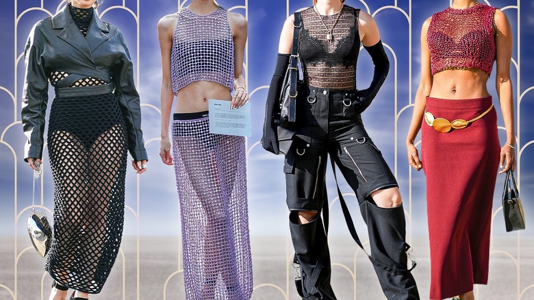 Four women wearing mesh clothing