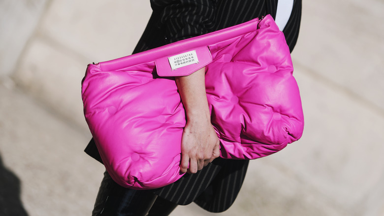 Close-up of oversize pink bag