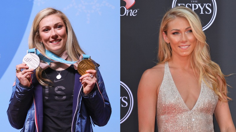 Mikaela Shiffrin showing her gold and silver medal from the 2018 Olympics and walking the red carpet at the ESPYs