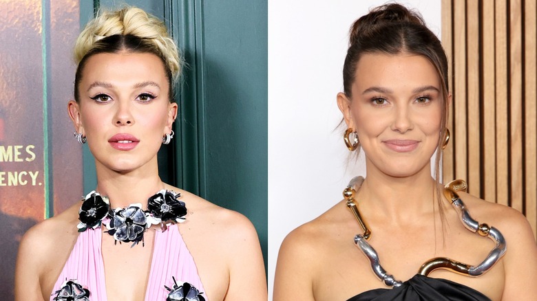 Millie Bobby Brown wearing updos in 2022 and 2023.