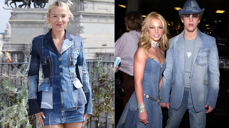 Millie Bobby Brown and Britney Spears both wearing patchwork denim looks