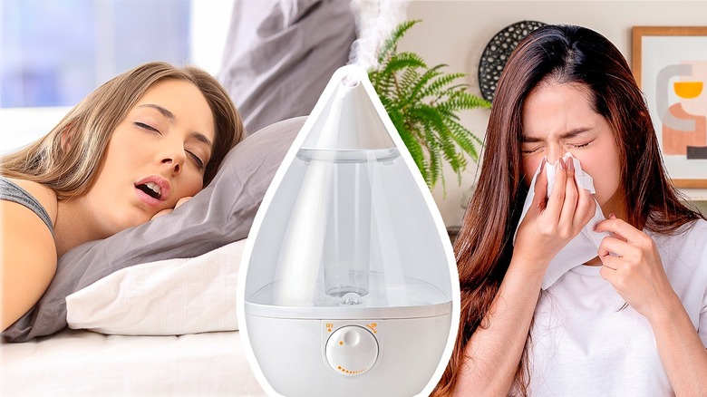 Sleeping and sneezing women with humidifier