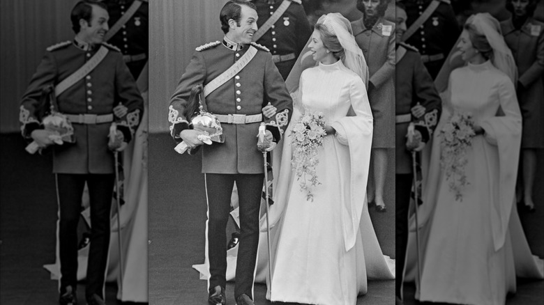 Princess Anne and Mark Phillips stand together after their wedding at Westminster Abbey.