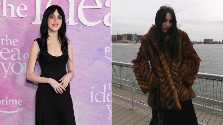 Mathilda Gianopoulos posing at an event wearing a black dress and blue eye shadow.