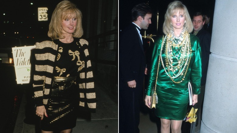 Morgan Fairchild in a black-and-gold outfit on the left and wearing a metallic-green dress with lots of gold necklaces on the right.