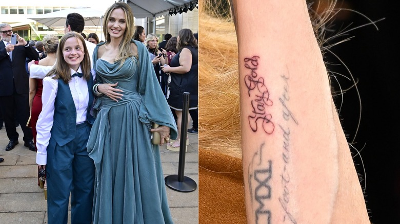 Vivienne Jolie-Pitt and Angelina Jolie attend the 77th Annual Tony Awards June 16, 2024 & close up of stay gold tattoo